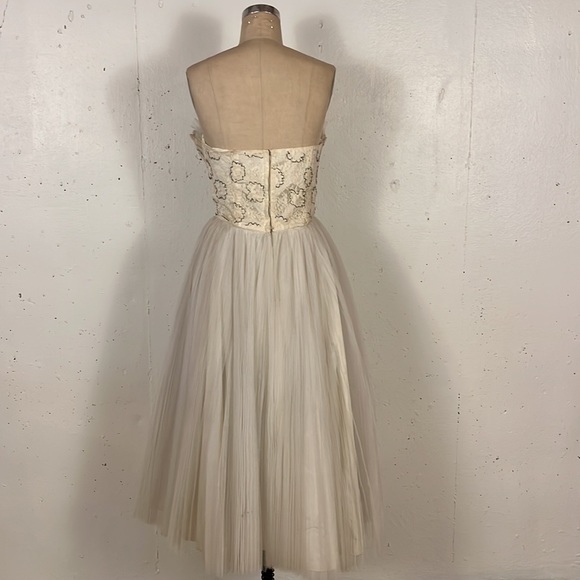 Vintage 50s Accordion Pleat Midi Dress Lace & Beaded Ruffle Medium - Picture 5 of 9